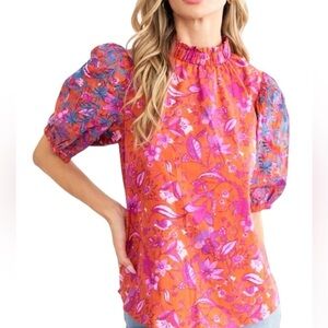 Periwinkle, Embroidered Puff Sleeve Blouse, Pink Floral Print. Size XL